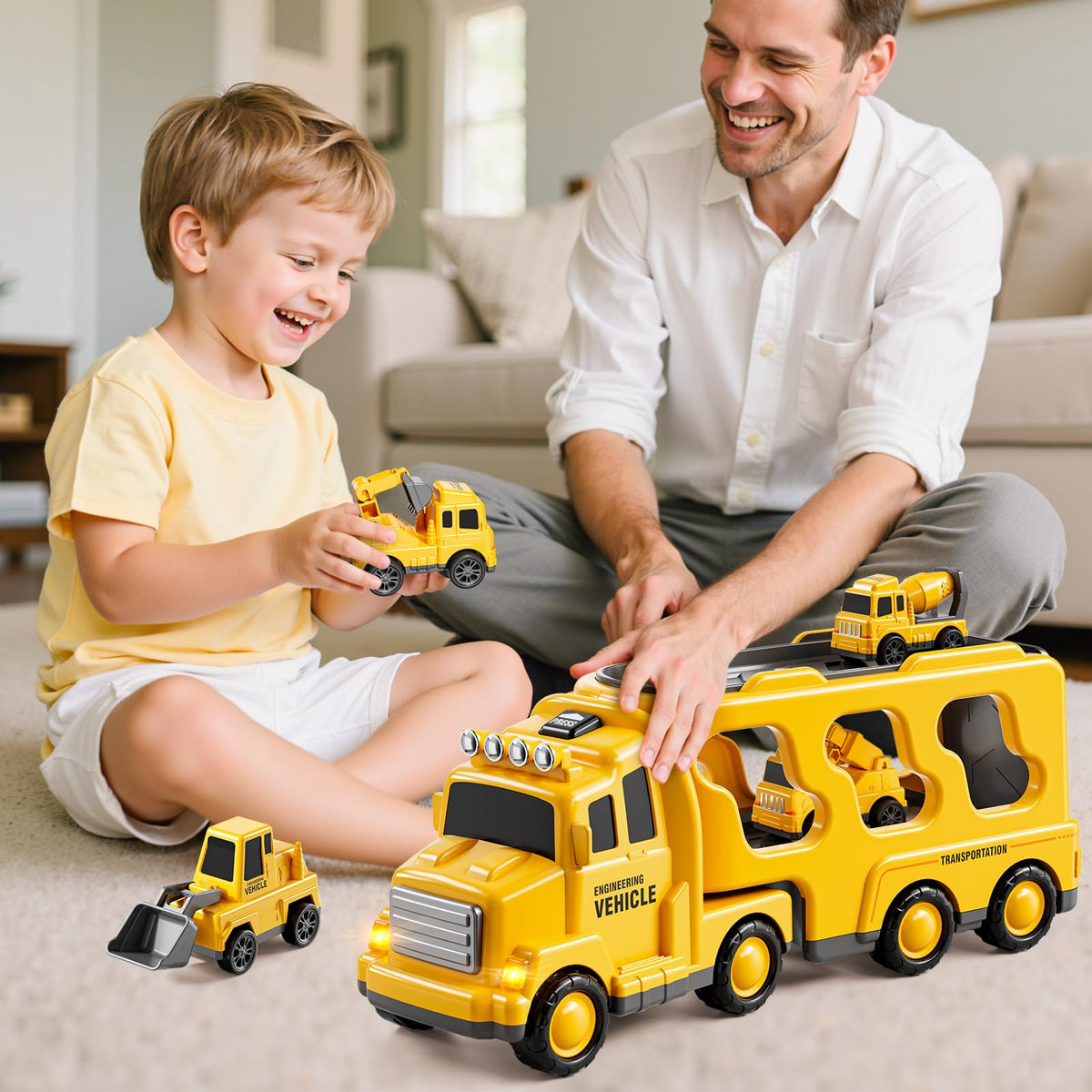 Novaluki excavator-crane-mixer-push truck set encourages teamwork and hands-on learning for toddlers.