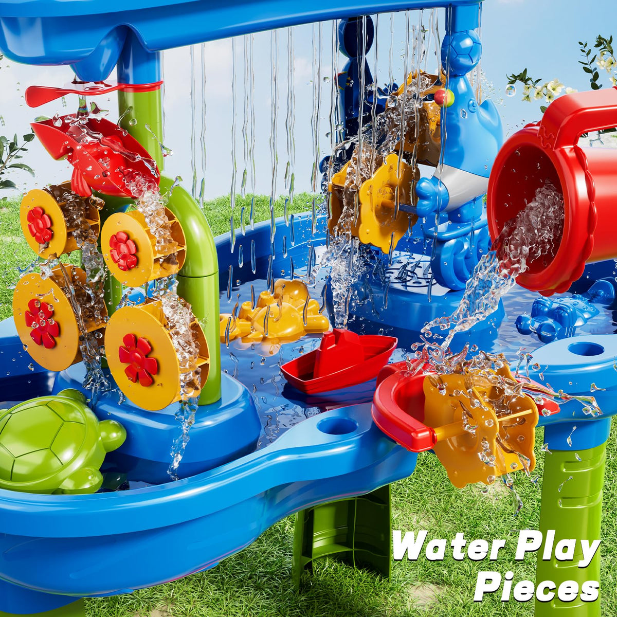 Novaluki sand-water-table accessories and molds with colorful buckets and shovels for castle building.