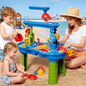 Novaluki sand-water-table includes water wheels and floating toys for engaging motion.