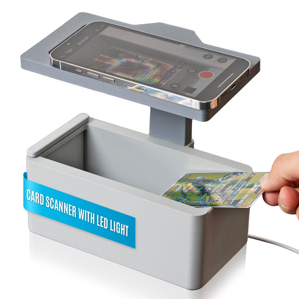 NOVATRA Trading Card Scanner Pro on its stand delivering stable positioning for sharp scans.