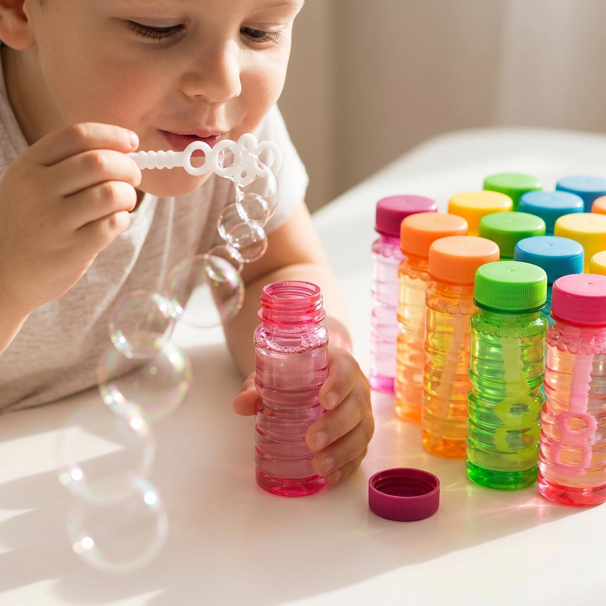 Novelinks big bubble bottle close-up showing vibrant, kid-friendly solution.