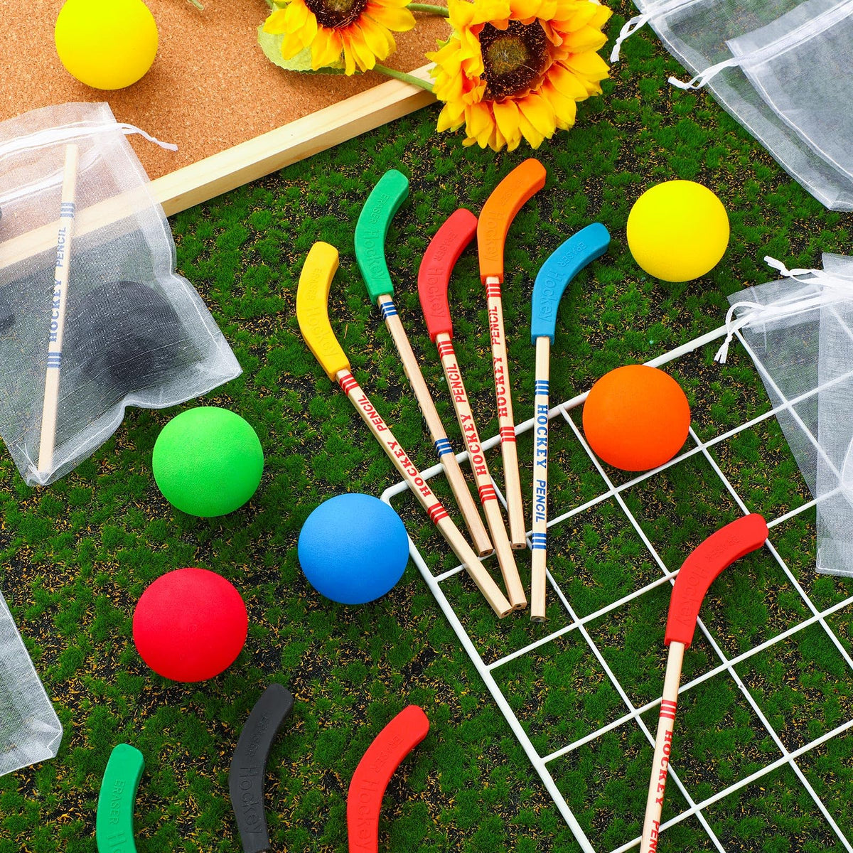 Organza bags in multicolor ready for sport-themed party favors.