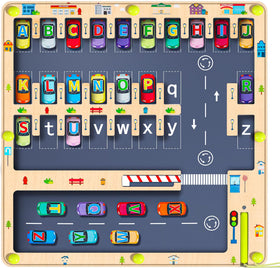 NOWRICH magnetic alphabet maze board main view demonstrates a compact screen-free learning toy.