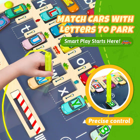 NOWRICH magnetic alphabet maze board side angle highlights its wooden frame and smooth edges for safe handling.