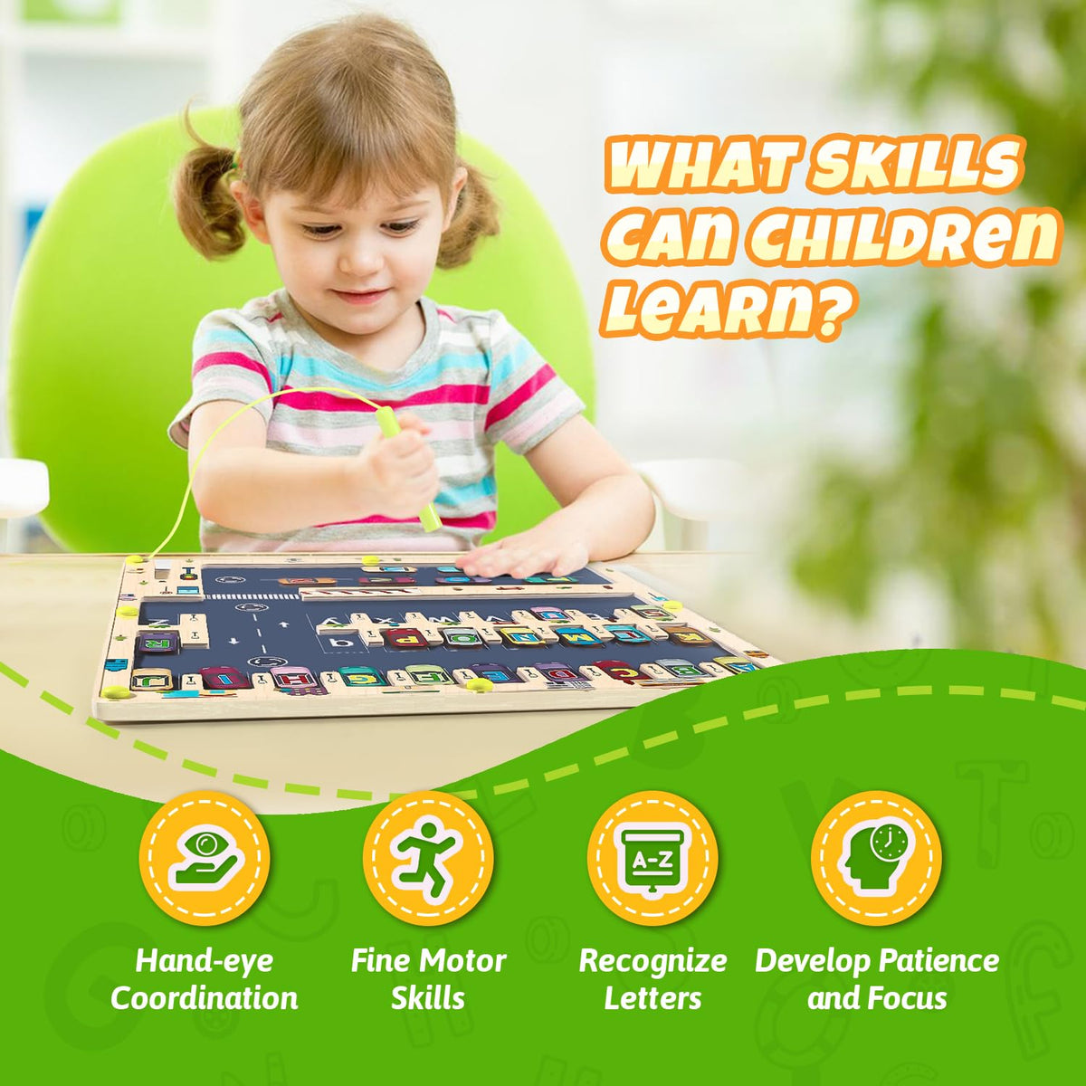 NOWRICH magnetic alphabet maze board wand storage shows secure magnet wand for easy play.