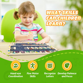 NOWRICH magnetic alphabet maze board wand storage shows secure magnet wand for easy play.