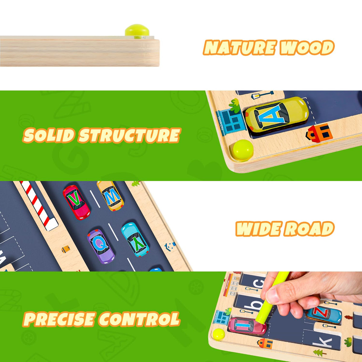 NOWRICH magnetic alphabet maze board wooden material emphasizes a durable, kid-friendly design.