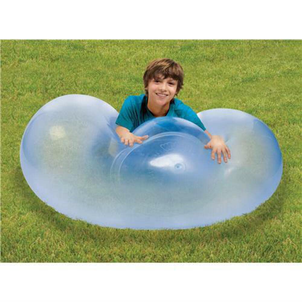 NSI Wubble blue bubble ball being kicked and bounced for durable indoor fun
