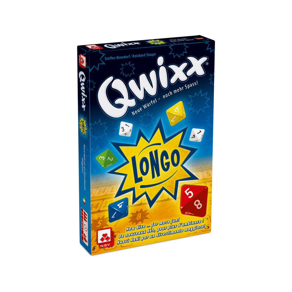 NSV Qwixx Longo box front invites family game night.