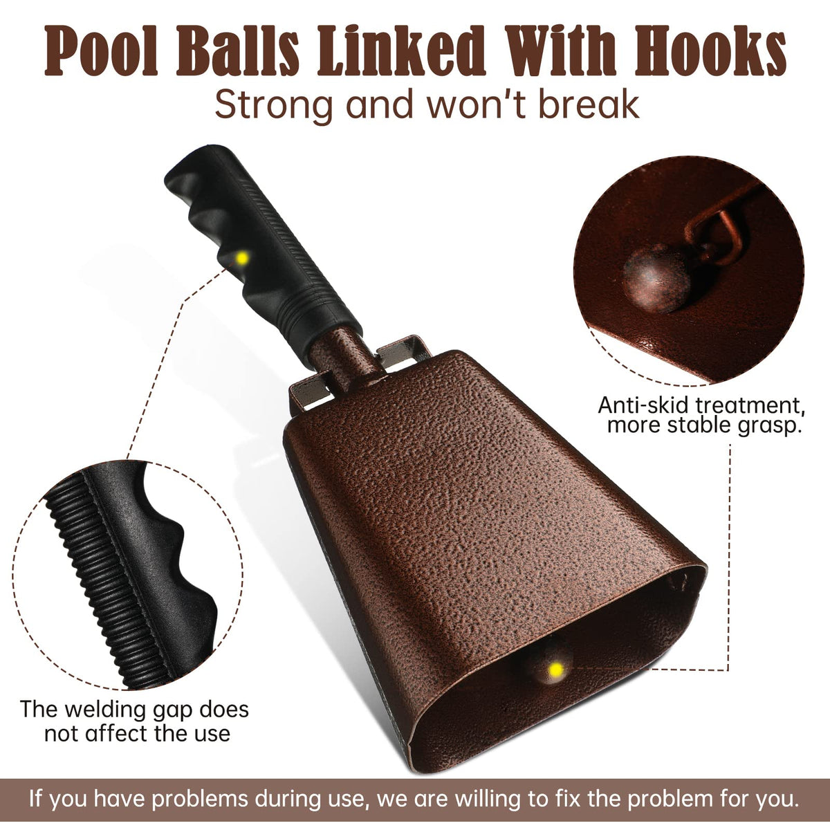 Nuanchu copper-finish iron cowbell durably built and rust-resistant.