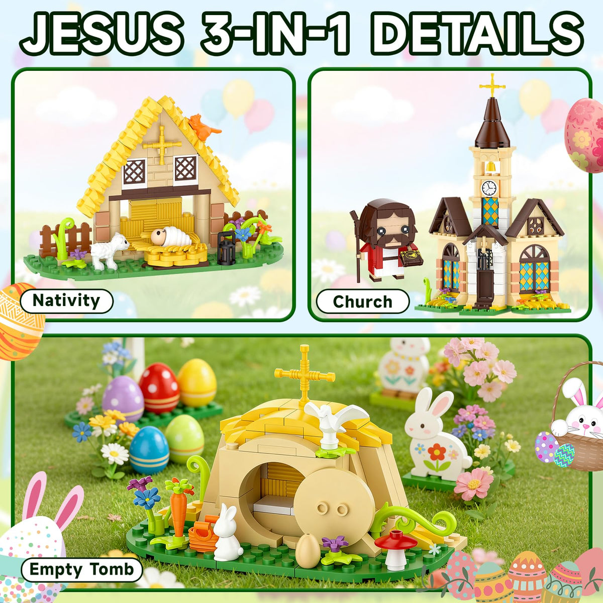 Nubee Church scene blocks promote faith-based play and classroom-style learning.