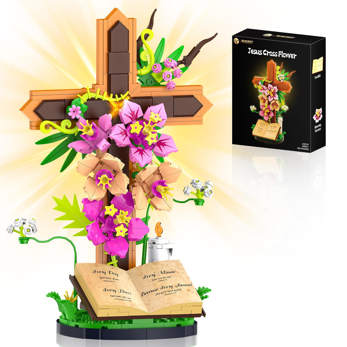 Nubee Jesus Cross Flowers set decorative cross on shelf for display.