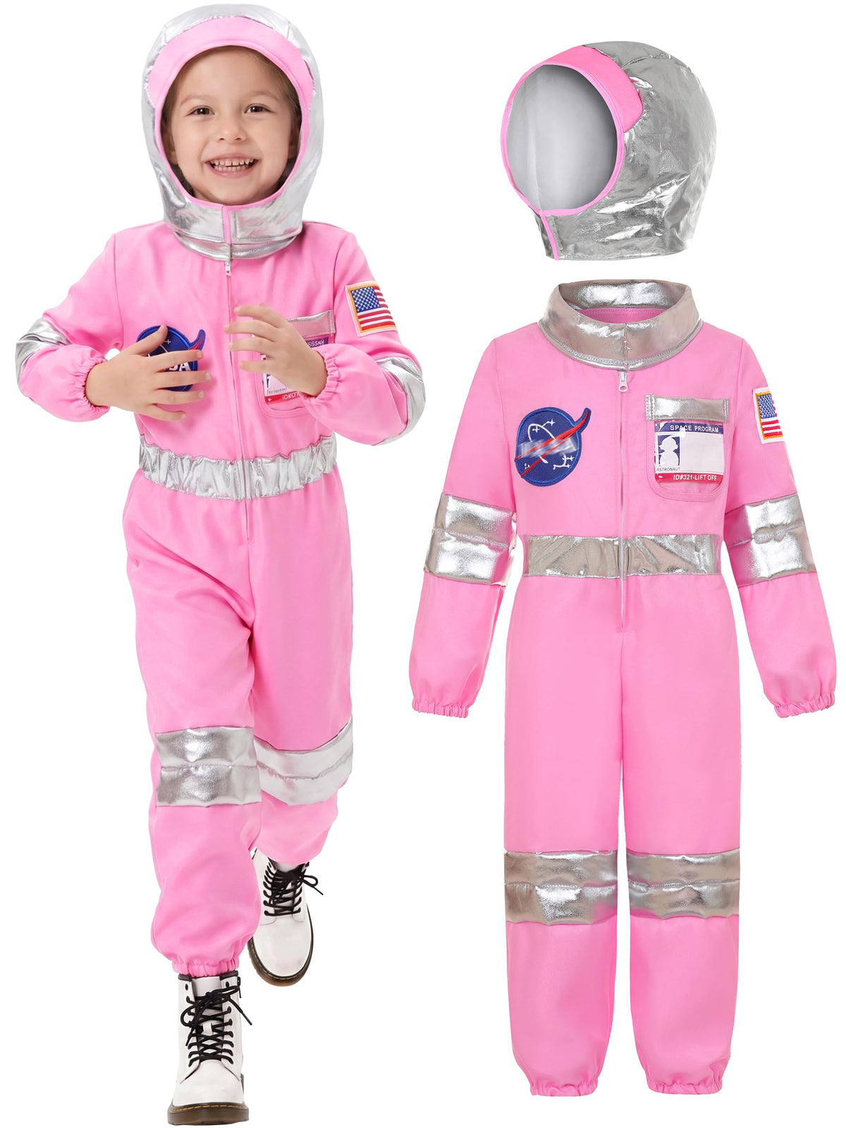 Nuehoryu astronaut costume pink jumpsuit with patches for imaginative play