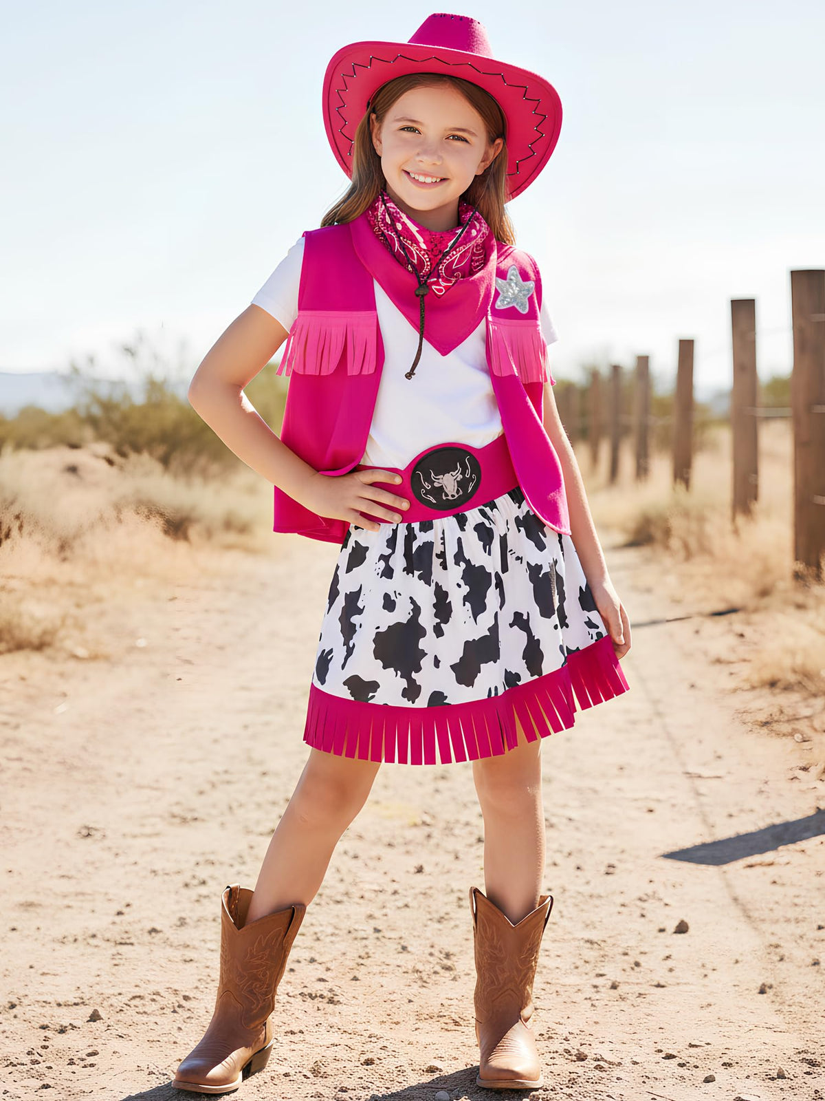 Nuehoryu cowgirl costume vest rose red with fringe and stars