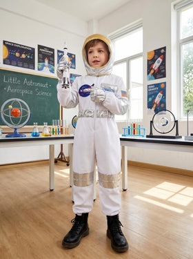 Nuehoryu Kids Astronaut Costume chest logo highlights a sci-fi vibe for cosplay