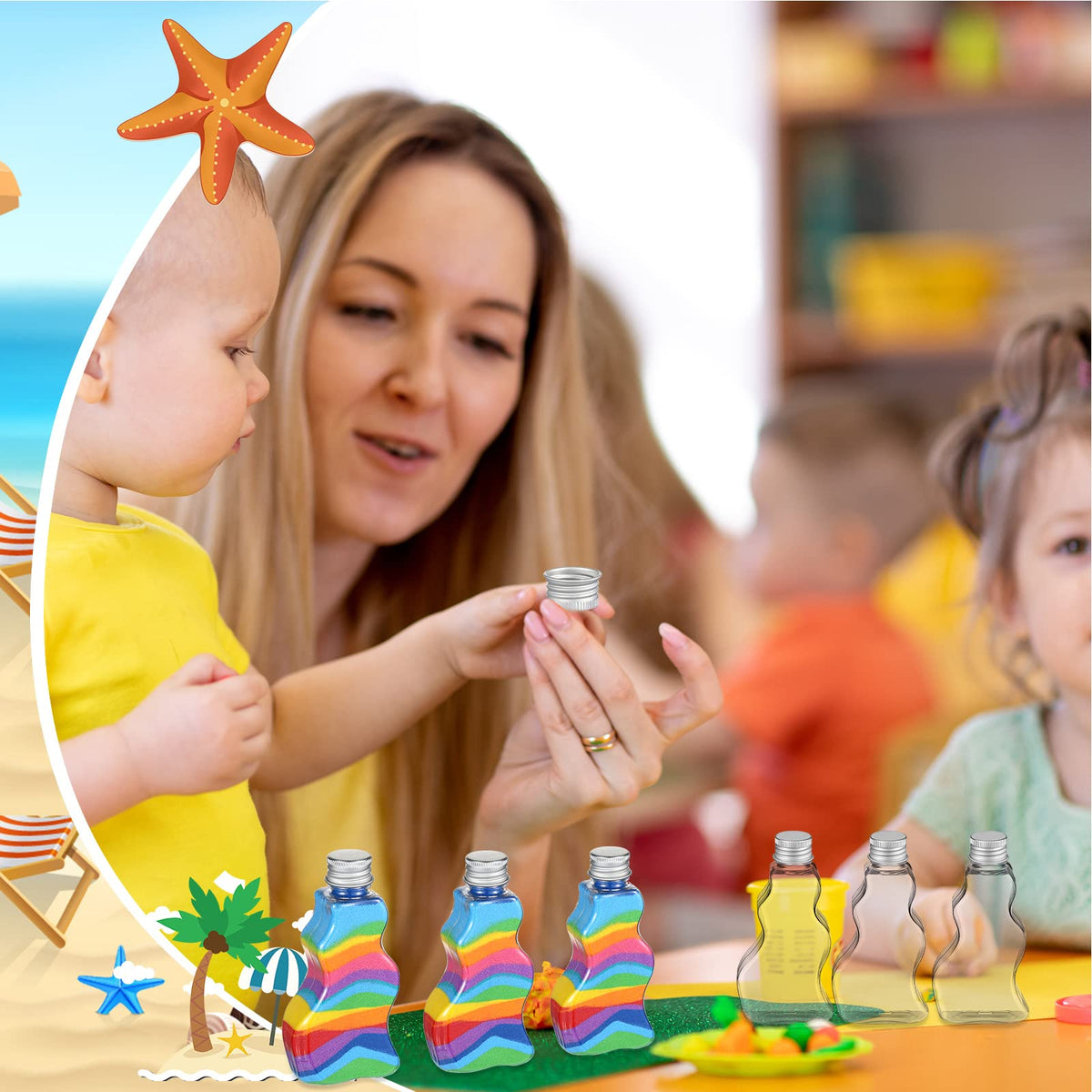 Nuenen craft party setup featuring the wave-shaped sand art bottles