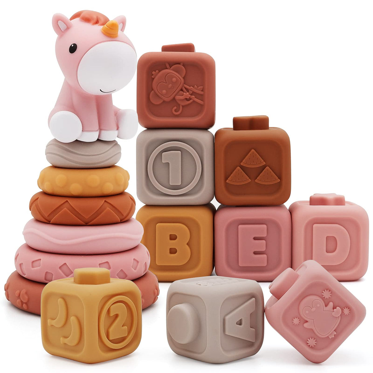 Nueplay soft stacking toys rings showing gentle colors for baby girls' play and fine motor practice.