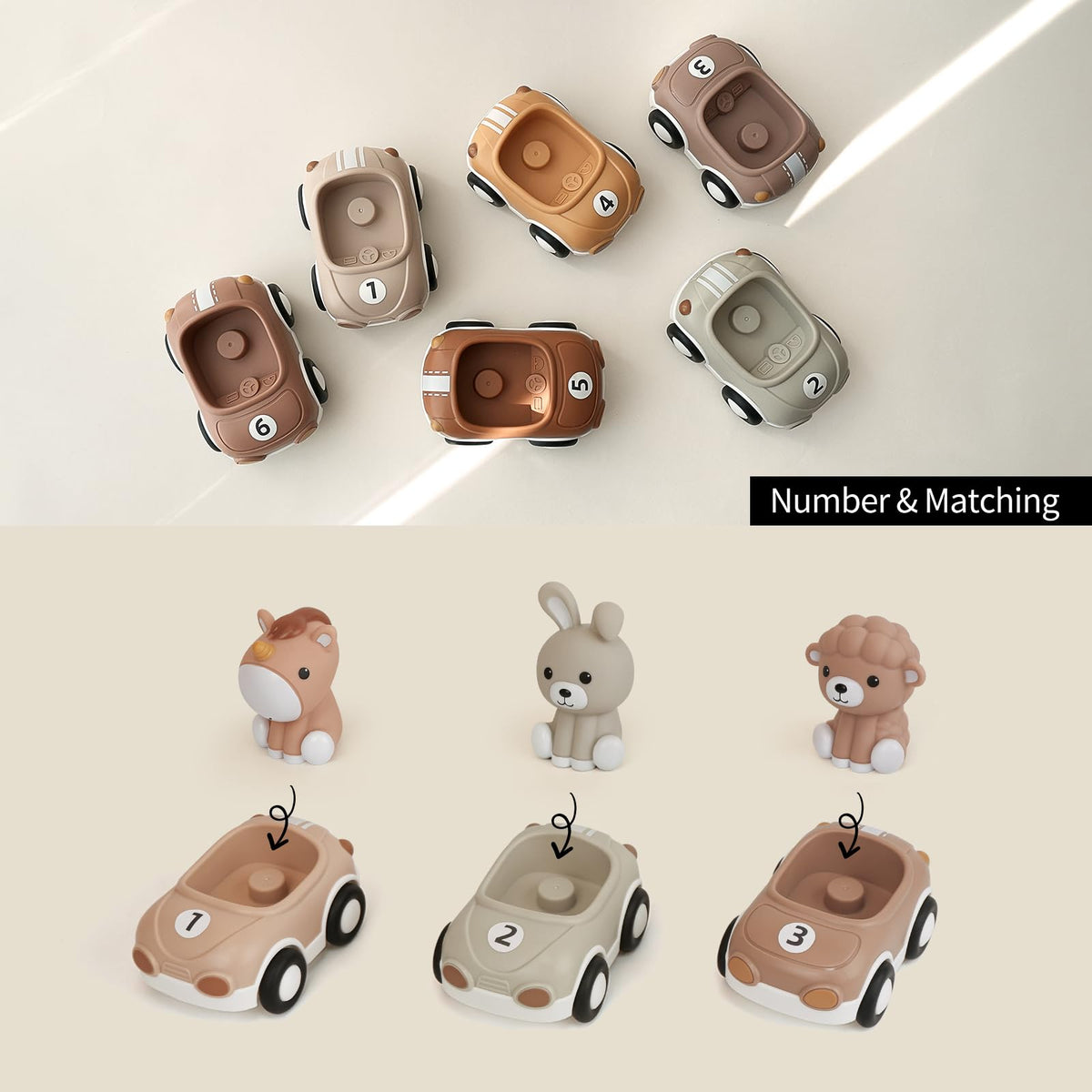 Nueplay soft-touch animal figures provide gentle tactile interaction during play.