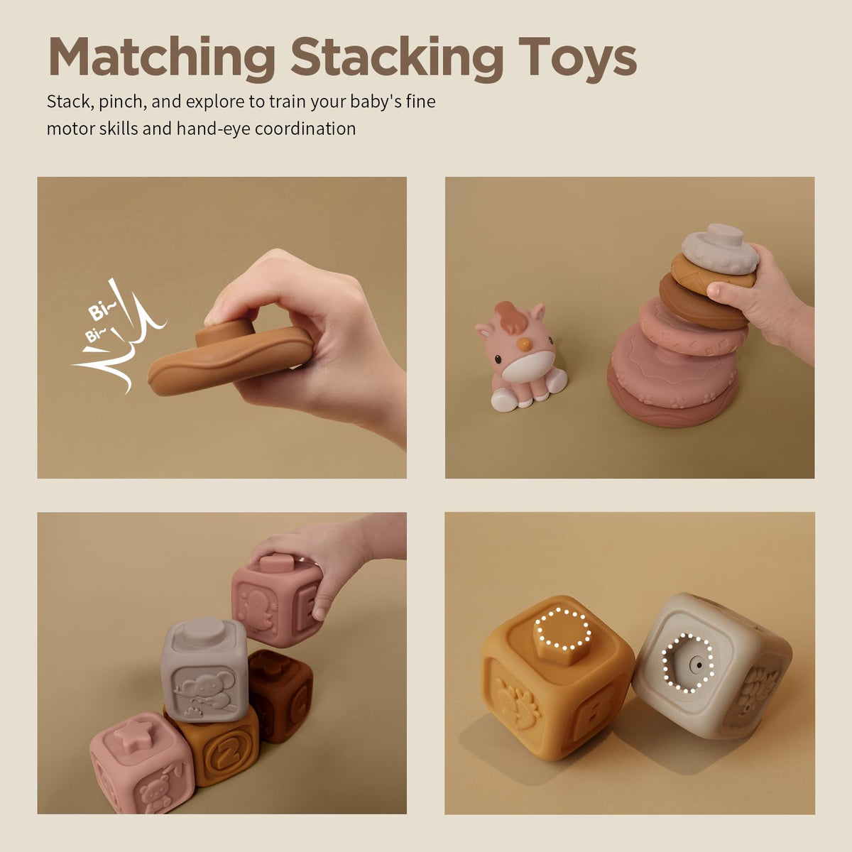 Nueplay squeeze-to-squeak rings offering joyful auditory feedback during playtime.