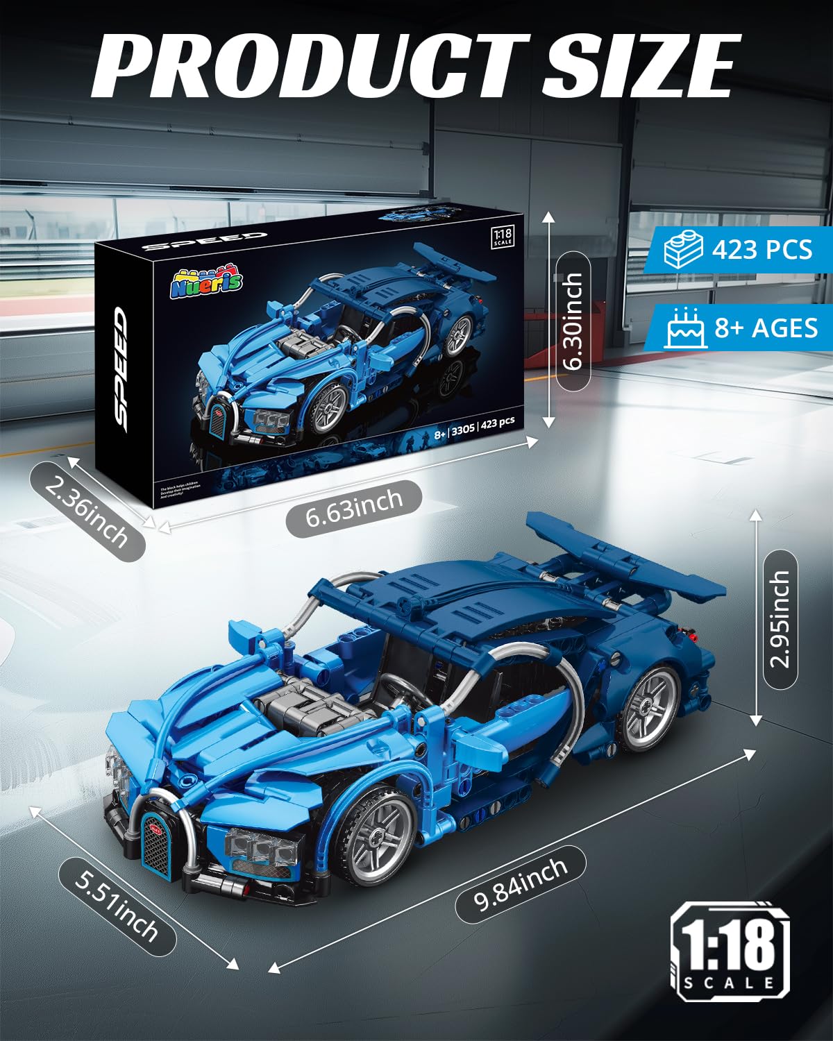 Nueris 1:18 Technic blue engine-detail V12 close-up for collectors and builders