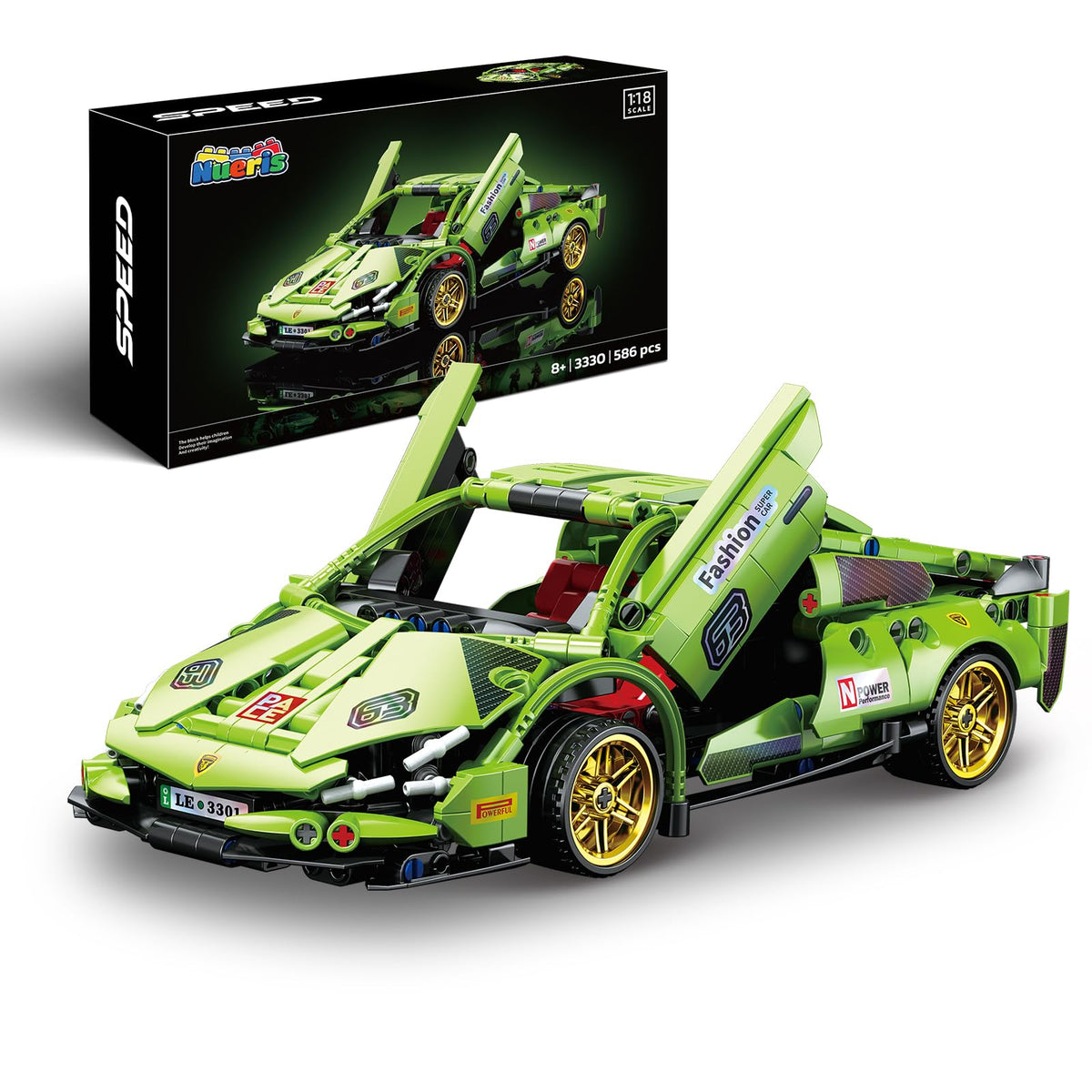 Nueris 1:18 Technic green race car model for display and collection.