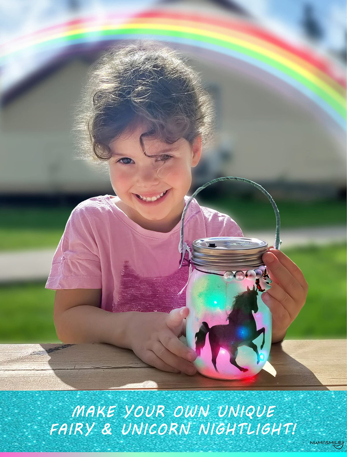 NUMI'SMILE color-changing LED lights illuminate the unicorn-fairy scene.