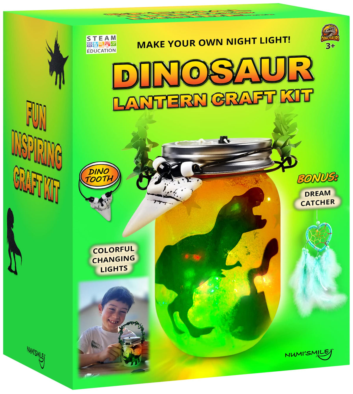 NUMI'SMILE dinosaur lantern kit jar ready to hang as a soft nightlight.