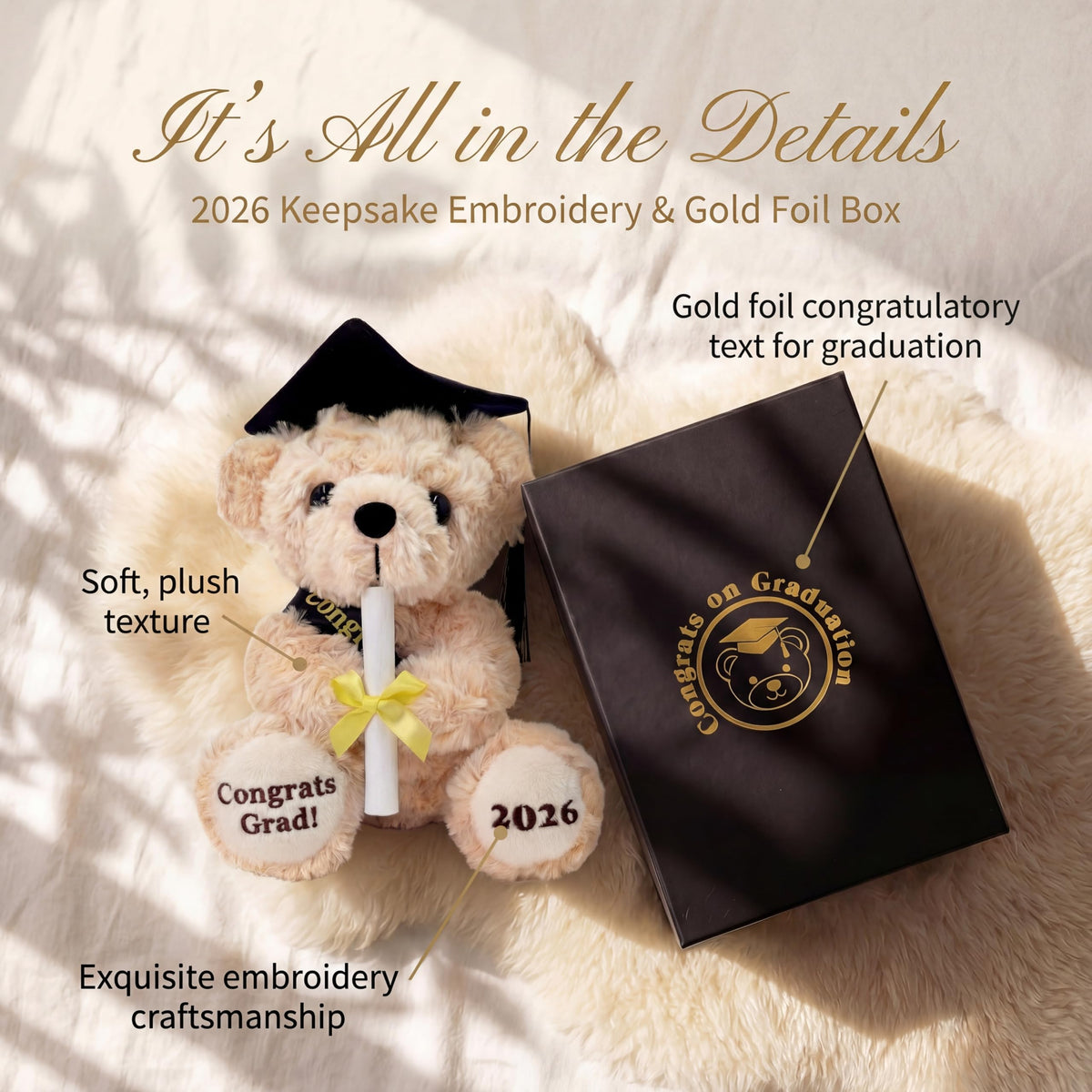 Numyawl bear holding a diploma, ideal centerpiece for graduation party favors.