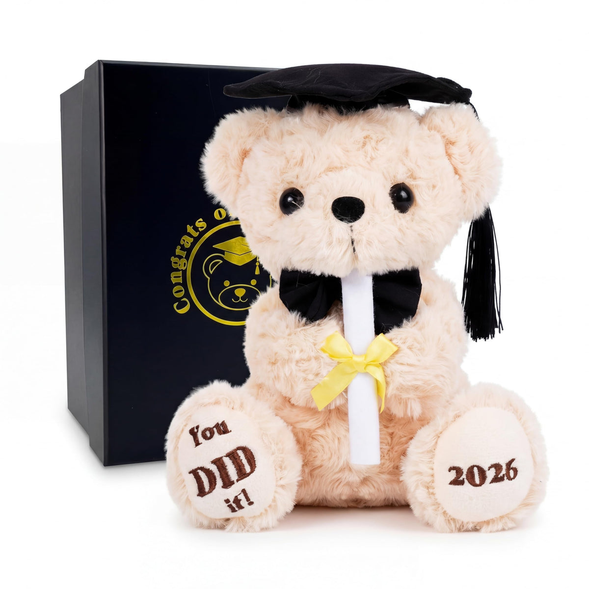 Numyawl graduation bear in a black gift box, ready for gifting.