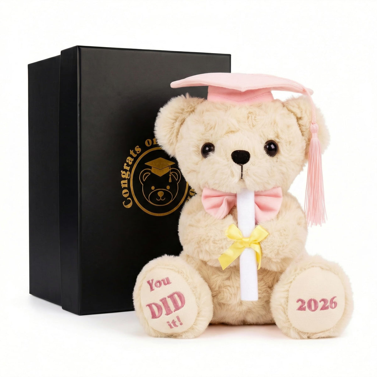 Numyawl pink graduation bear in gift box, ideal for gifting.
