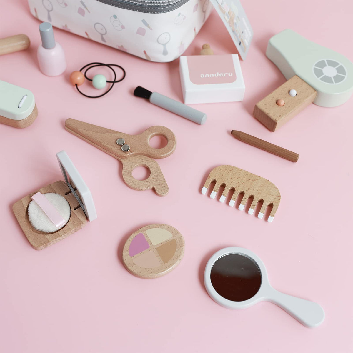Nunukids wooden beauty play set display encourages sharing and group play.