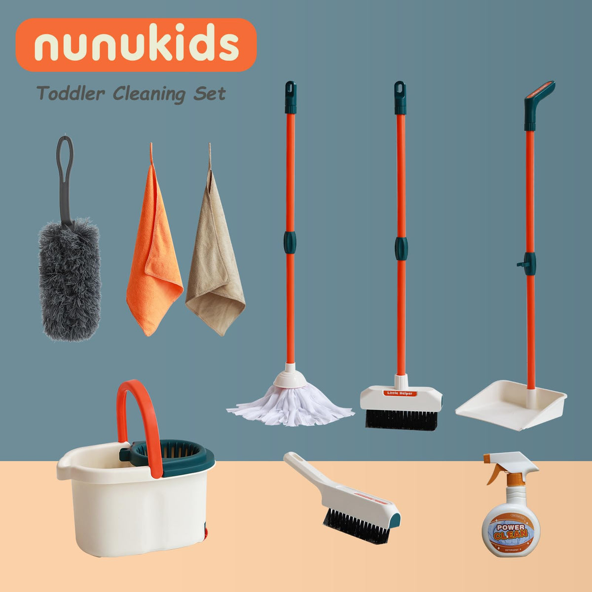 Nunukids toddler cleaning set mop for realistic role-play and coordination.