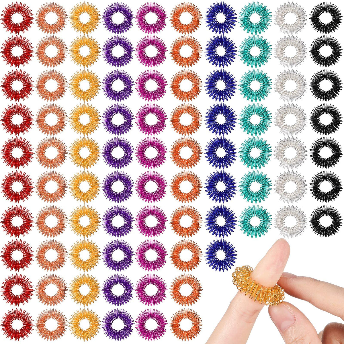Nuogo 200-pcs acupressure rings in spiky design for portable finger massage.