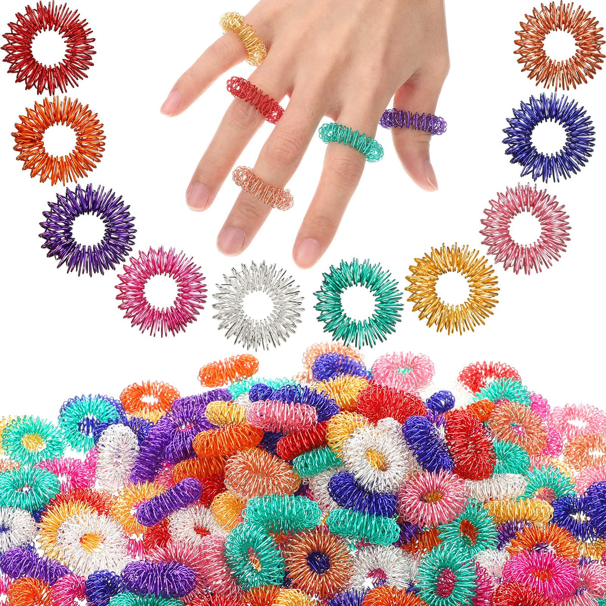 Nuogo acupressure rings closeup with spiked tips for finger massage and stress relief.