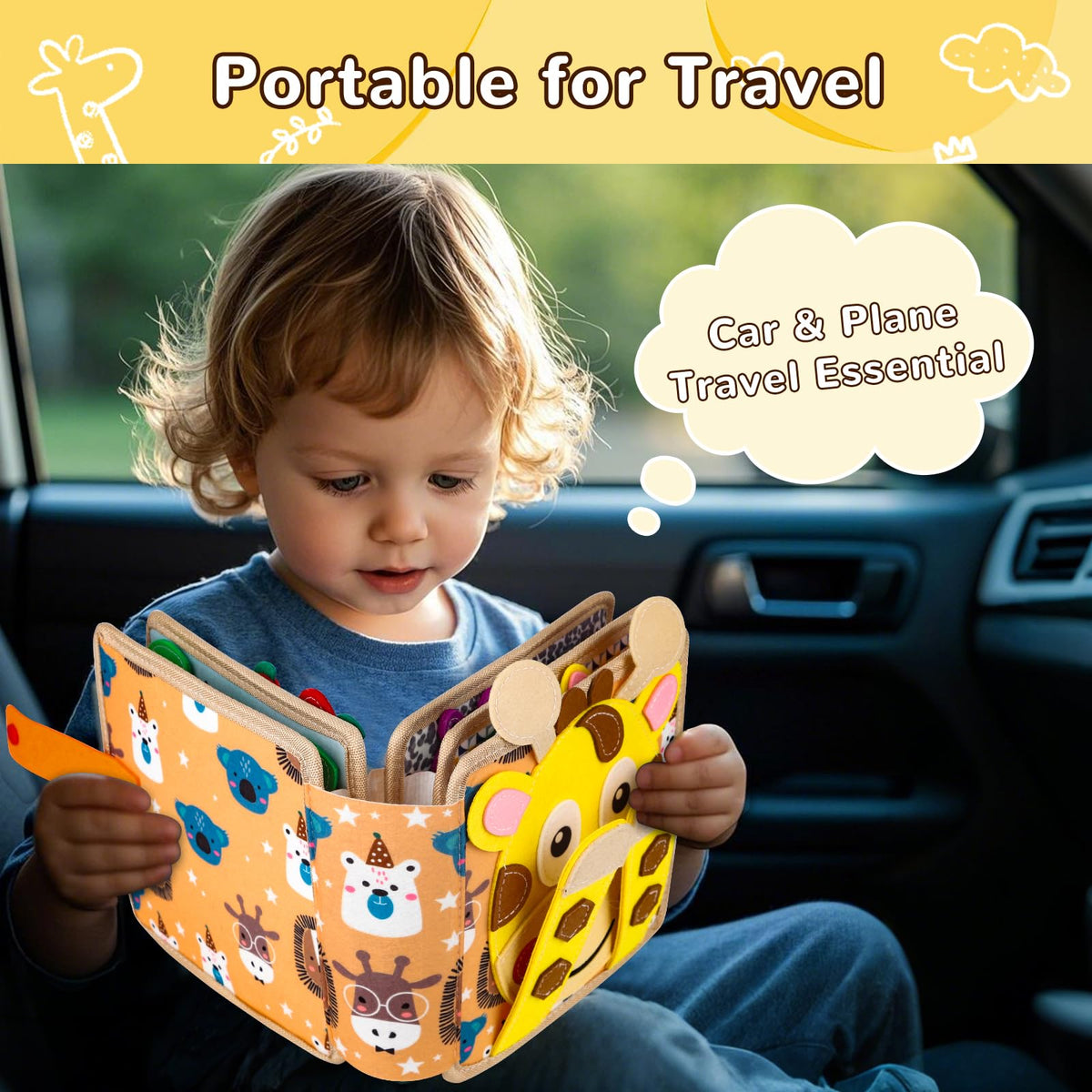 NUOLUTH Busy Book travel-friendly design fits cars and planes for on-the-go learning.