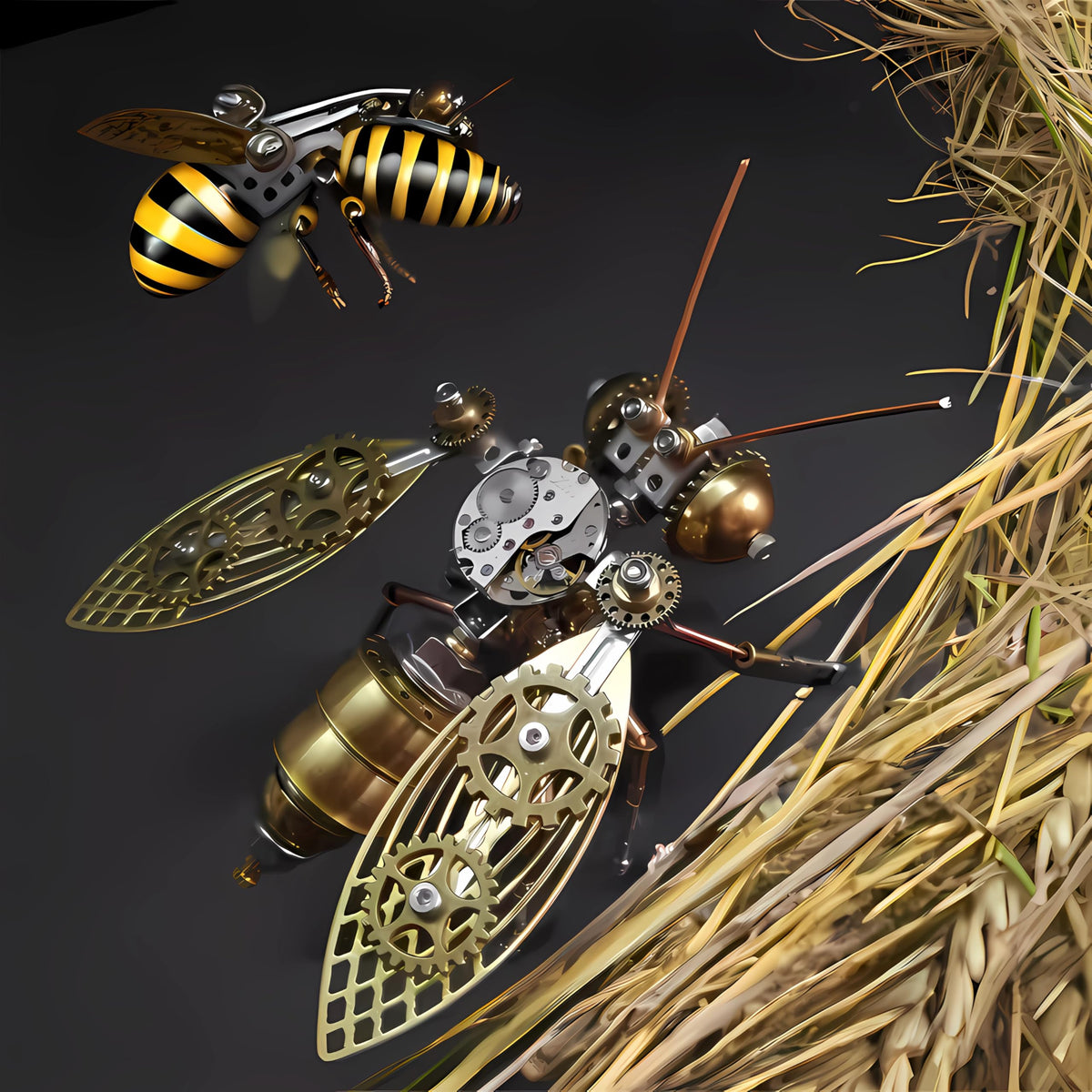 NUOSHANZS Bumblebee steampunk insect reveals textured metal surfaces and classic design.