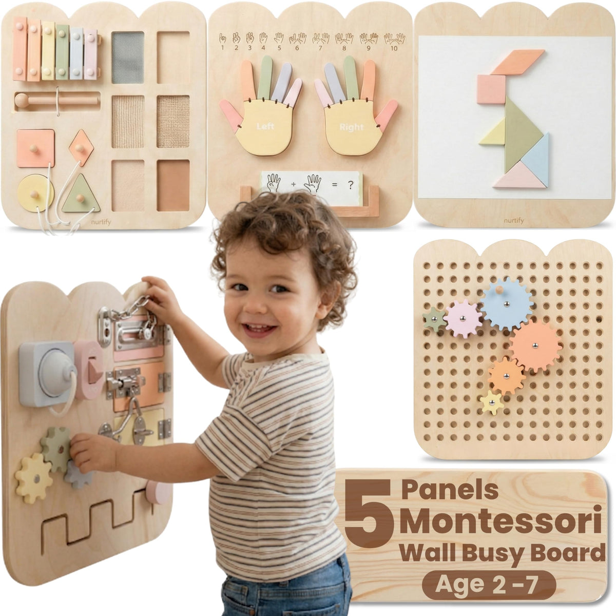 Nurtify 5-panel wall busy board overview showing modular, engaging play space