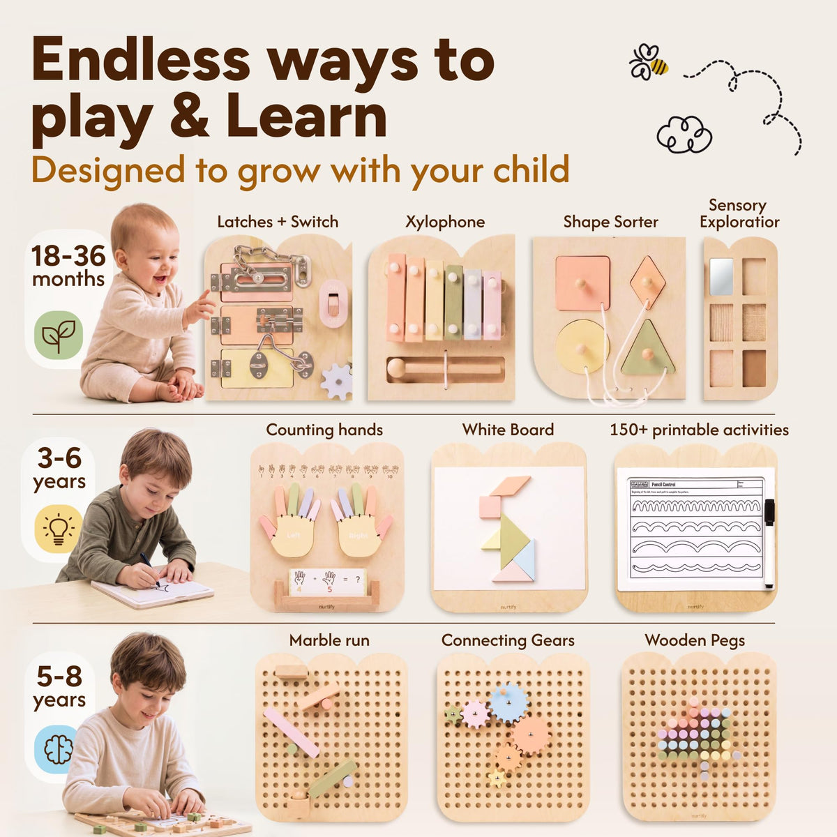 Nurtify wall-mounted busy board in a playroom setup for versatile spaces
