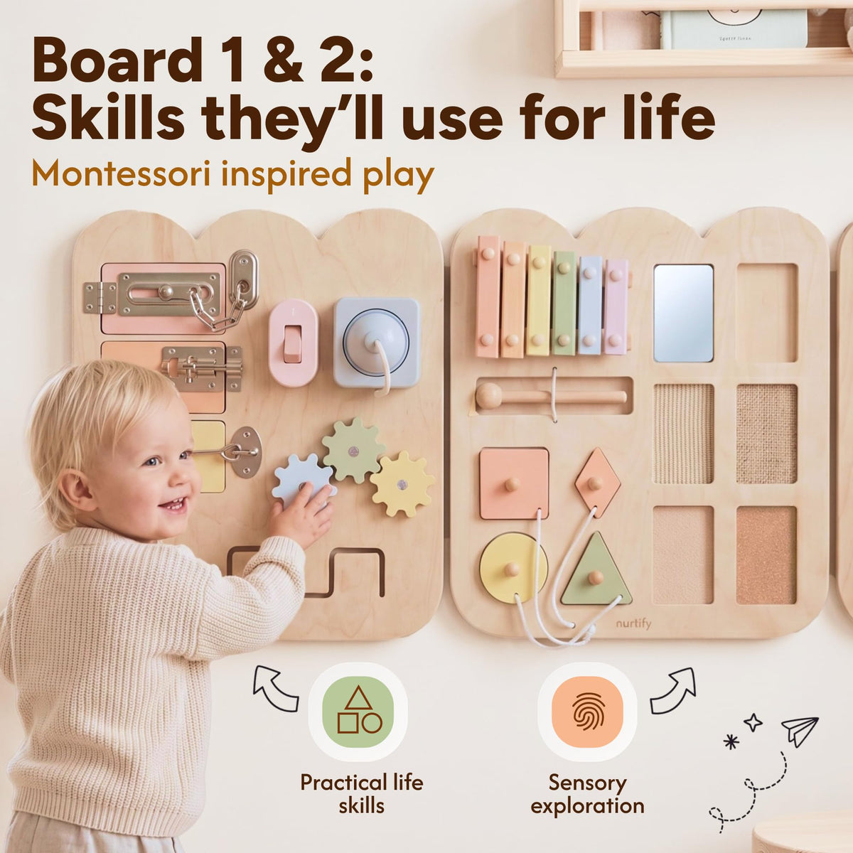 Nurtify wooden busy board gear close-up highlights tactile learning cues