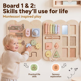 Nurtify wooden busy board gear close-up highlights tactile learning cues