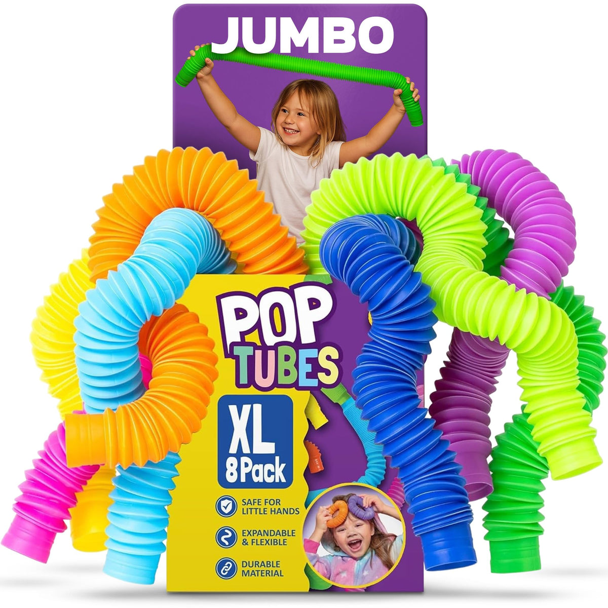 Nutty Toys Jumbo Pop Tubes - 8-pack set for creative play, color-based sensory exploration, and STEM learning.
