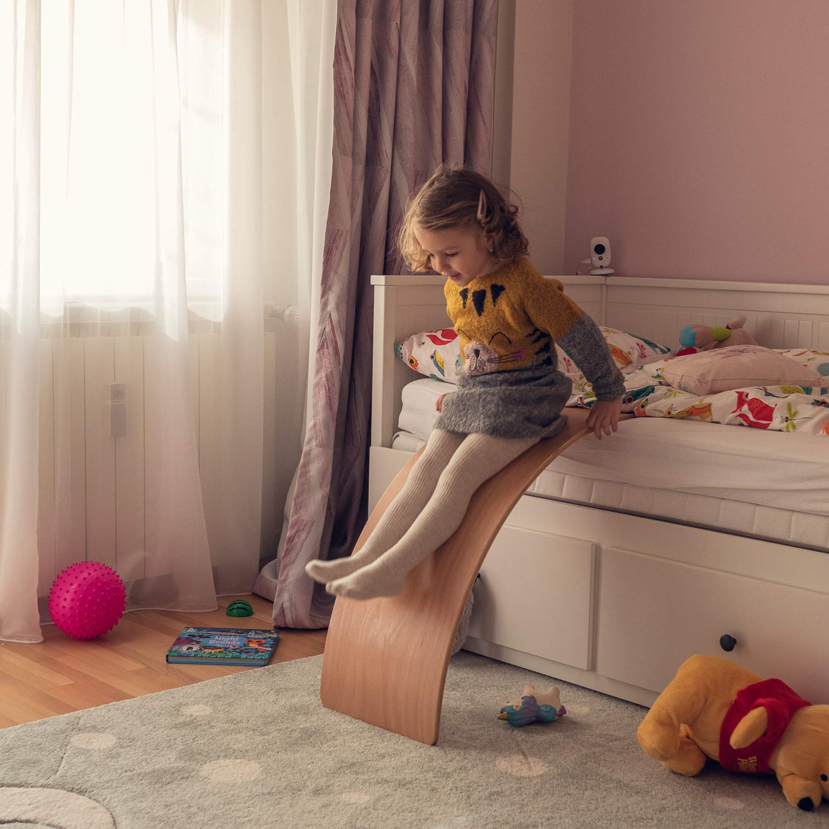 Nutty Toys wooden wobble board compact room storage and setup
