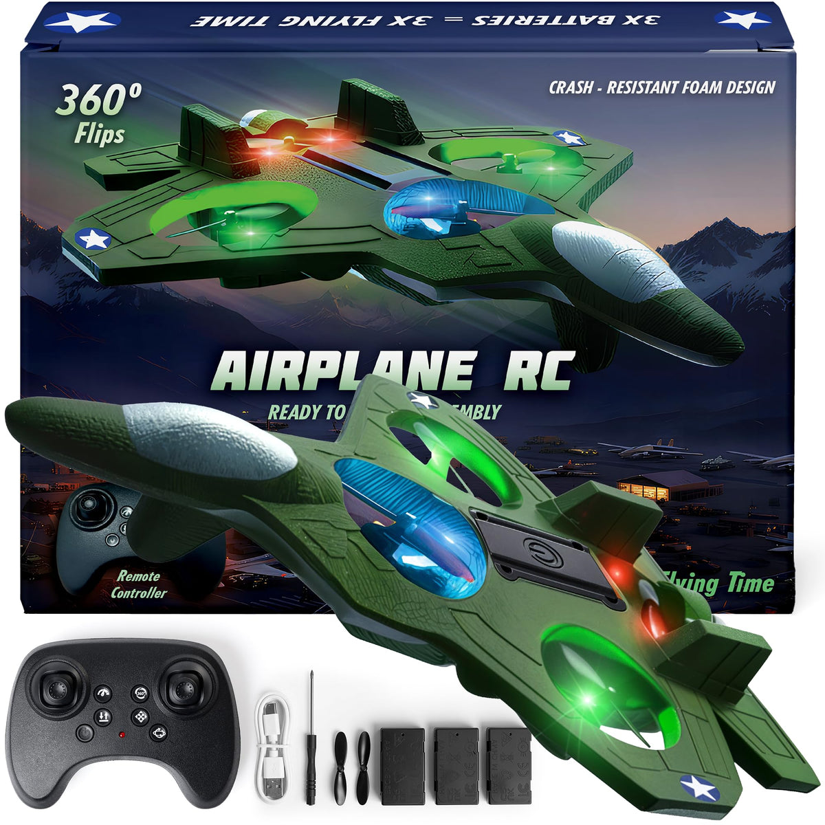 Nutty Toys RC Stunt Airplane with LED front lights for exciting indoor flights