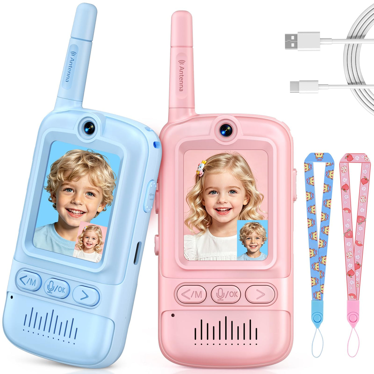 NWKTL video walkie talkies for kids blue-pink pack for real-time play in parks.