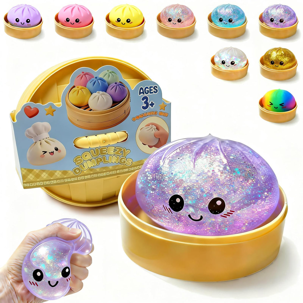NYASFCH dumpling squishy with liquid glitter for calming sensory play.