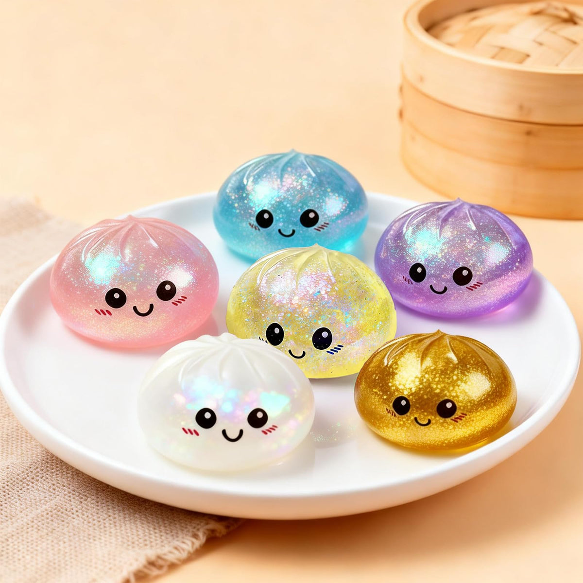 NYASFCH dumpling squishy with steamer box in gift-ready set.