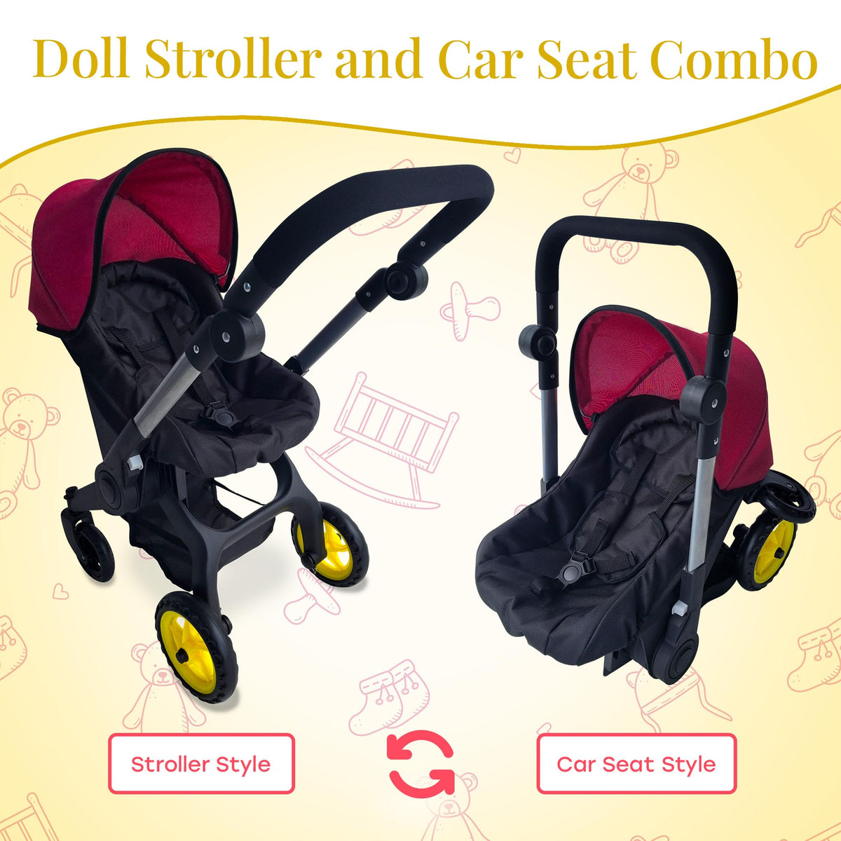 The New York Doll Collection maroon stroller with adjustable handle for growing kids.