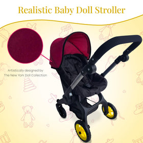 The New York Doll Collection maroon 2in1 stroller in convertible design during play.