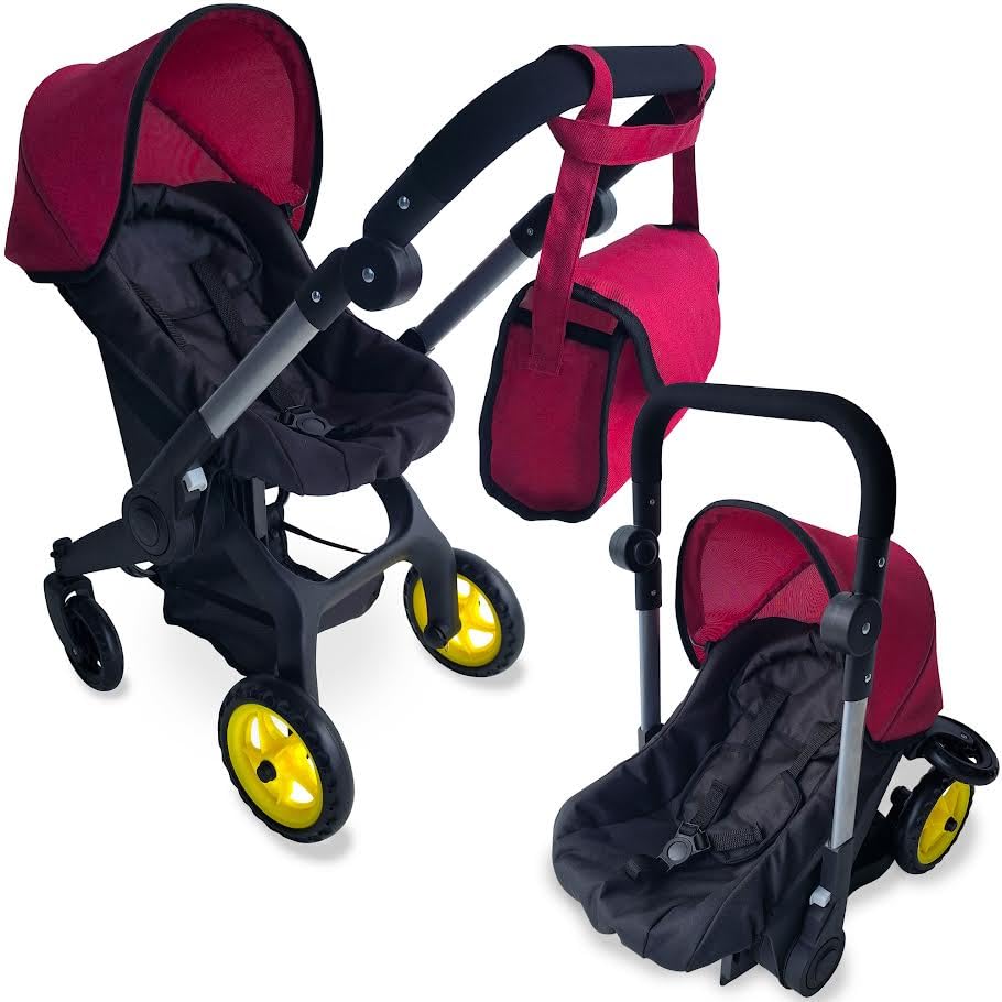 The New York Doll Collection baby doll car-seat-stroller 2in1 maroon folded for compact storage.