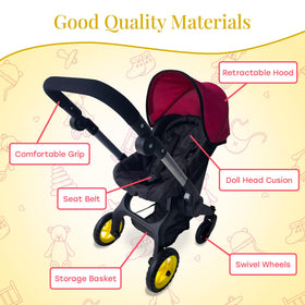 The New York Doll Collection maroon seat with harness detail for secure pretend play.